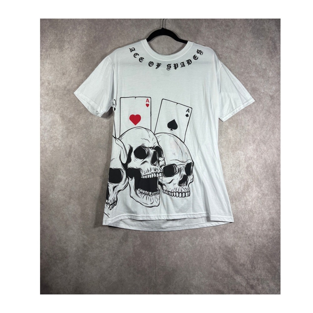 GSTR T-Shirt Mens L White Ace of Spades Skulls Playing Cards Graphic Edgy Tee